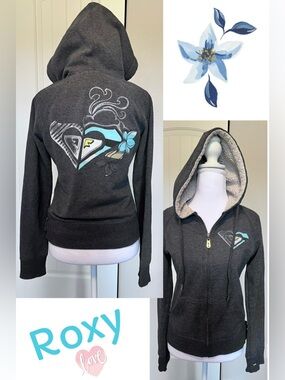Roxy Vintage Zip-Up Hoodie Sherpa Lined Thumb Holes Cute Button Detail at waist